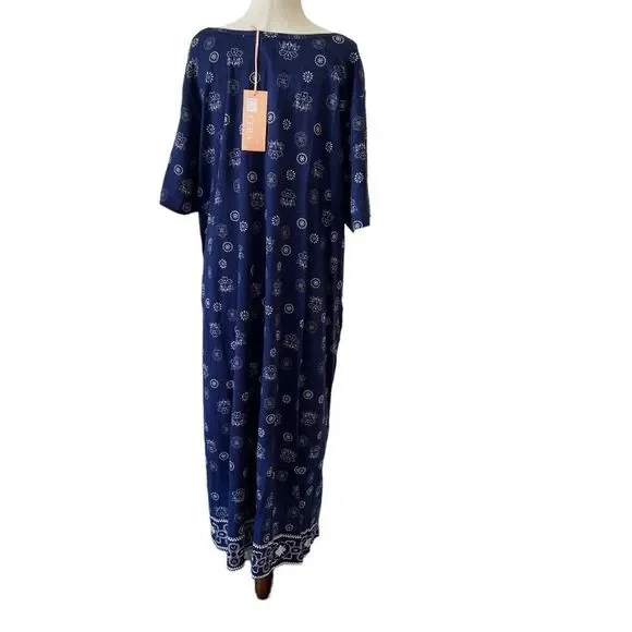 La Cera 1X NWT Cotton Tunic Maxi Dress Blue and White Side Pockets - Picture 5 of 9